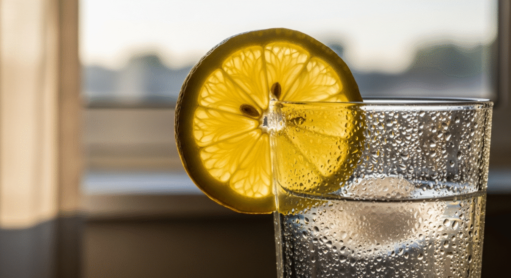 Lemon slice in a cold glass catching window light