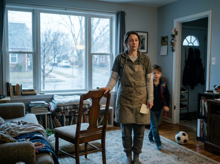 A calm tired parent in soft morning light while the house moves around her