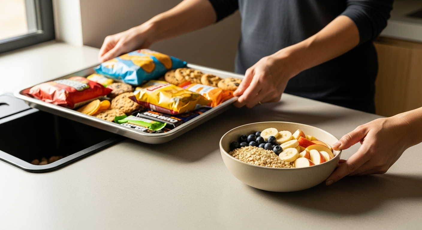 Hands remove processed snacks and bring forward whole foods for a diet for brain fog.