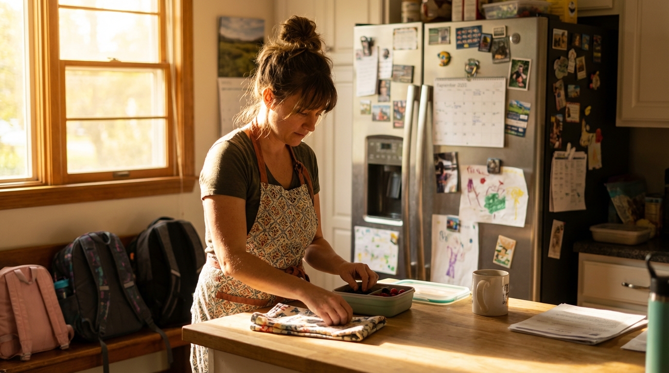 Parent calmly preparing school lunches in warm morning light with a focused expression
