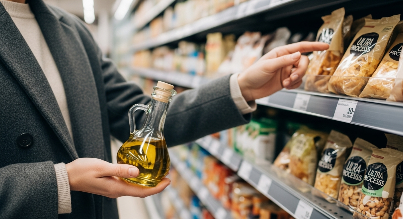 Shopper weighing good fats vs bad fats with unlabeled oil and processed foods blurred behind.