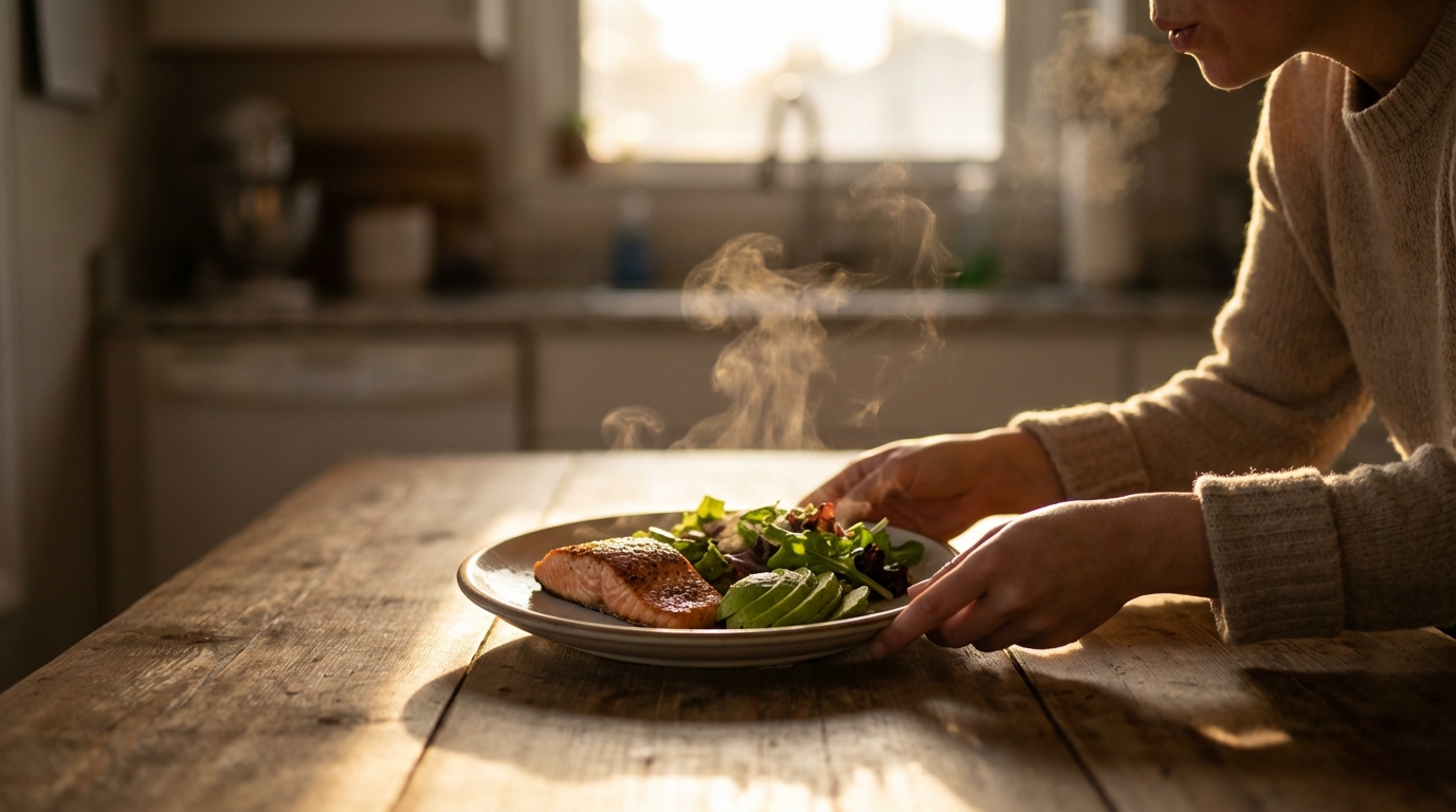 Hands setting down a nourishing dinner plate in warm light