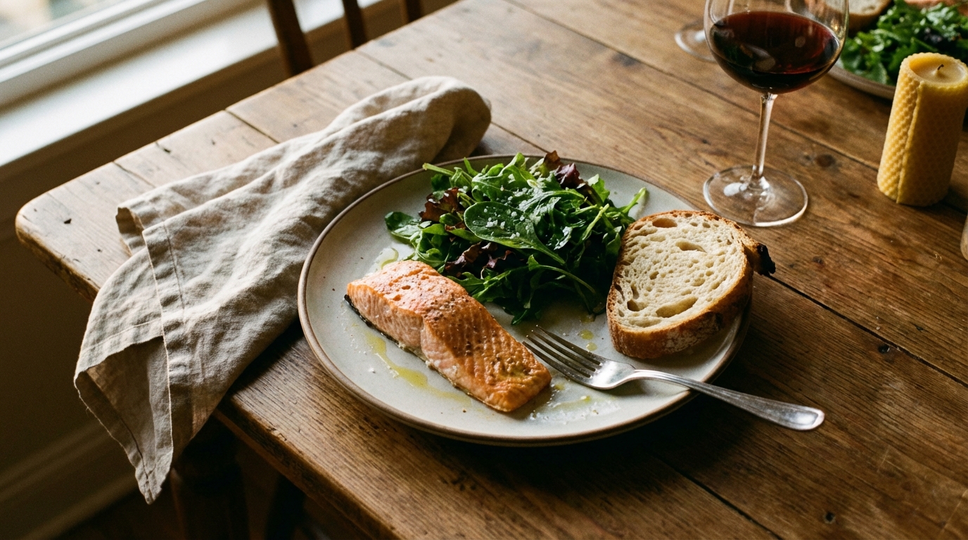 Warm dinner table with salmon and greens in evening light
