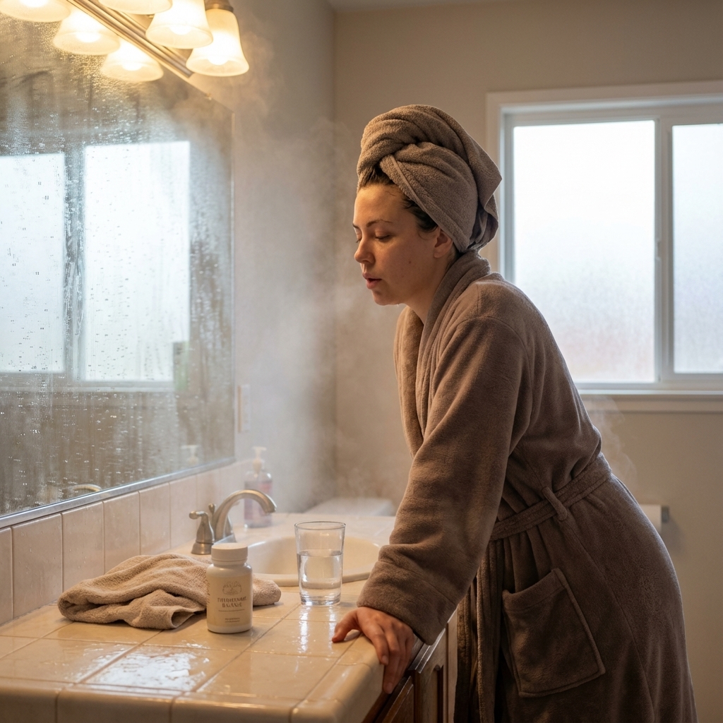 Thyrafemme Balance beside a glass of water in a steamy bathroom