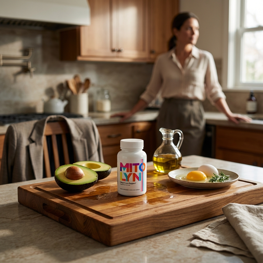 Mitolyn bottle with healthy fats in real kitchen