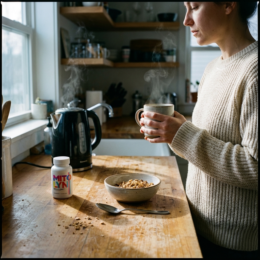A quiet morning kitchen routine with a mug, breakfast, and a supplement bottle in soft window light