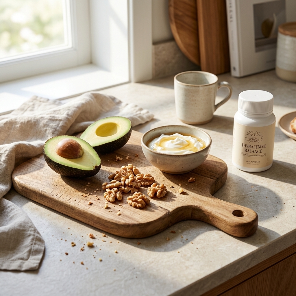 Thyrafemme Balance beside simple breakfast foods in daylight