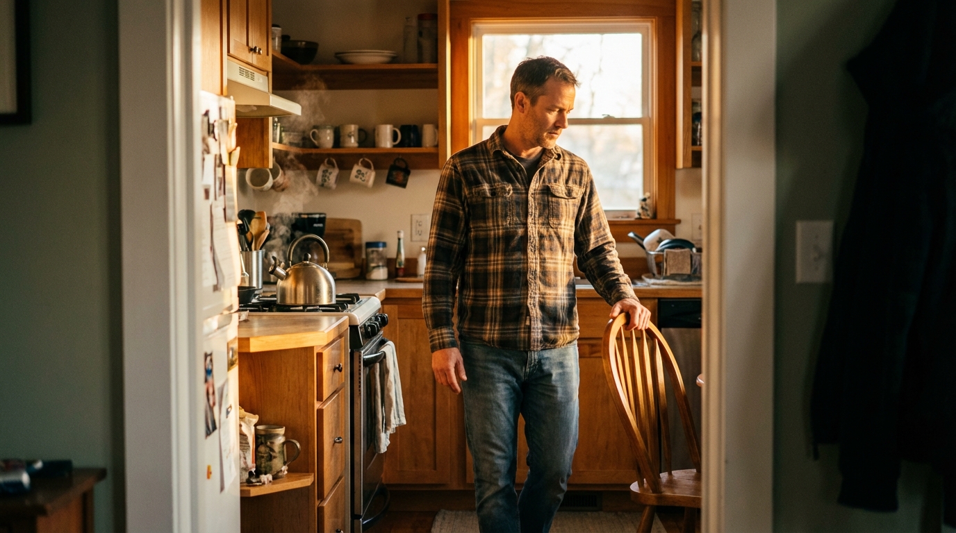 Man doing gentle ankle circles in sunrise home light