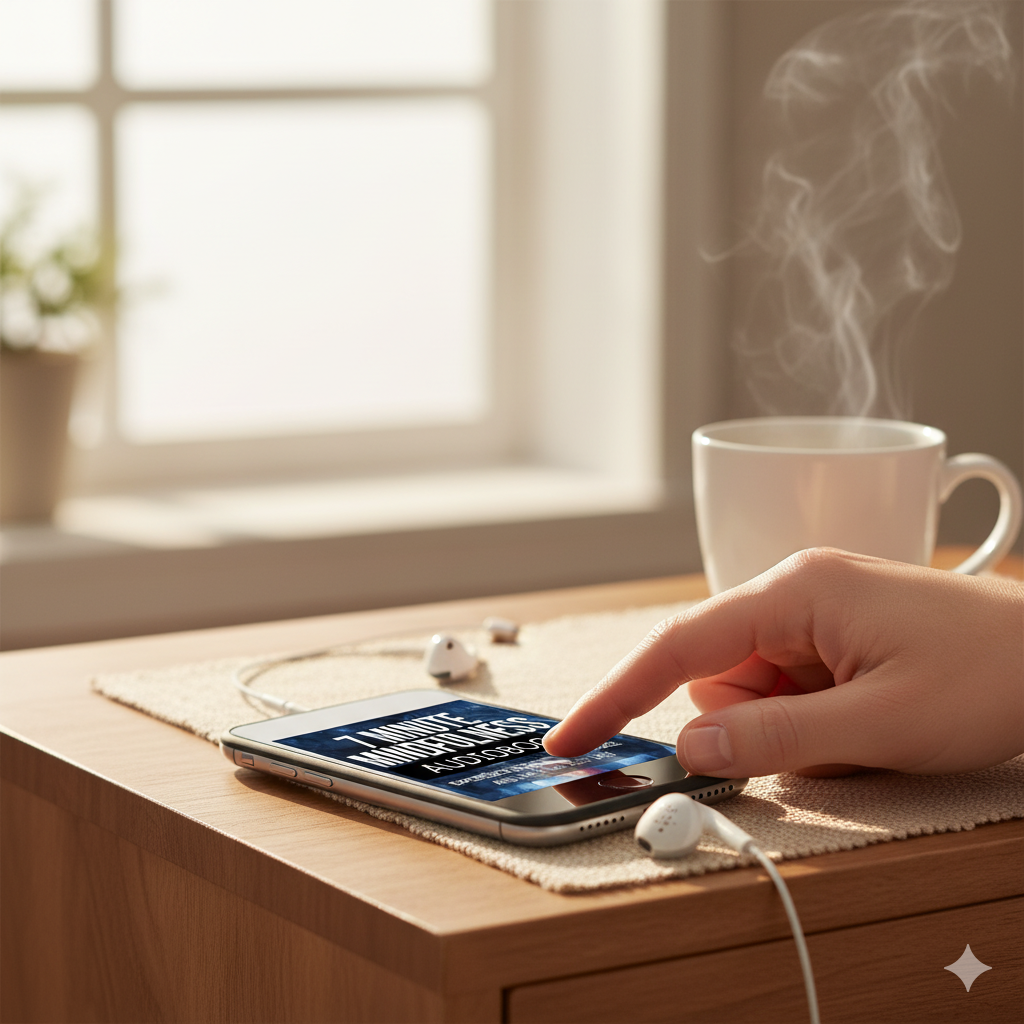 Phone ready with a 7-minute mindfulness track beside earbuds