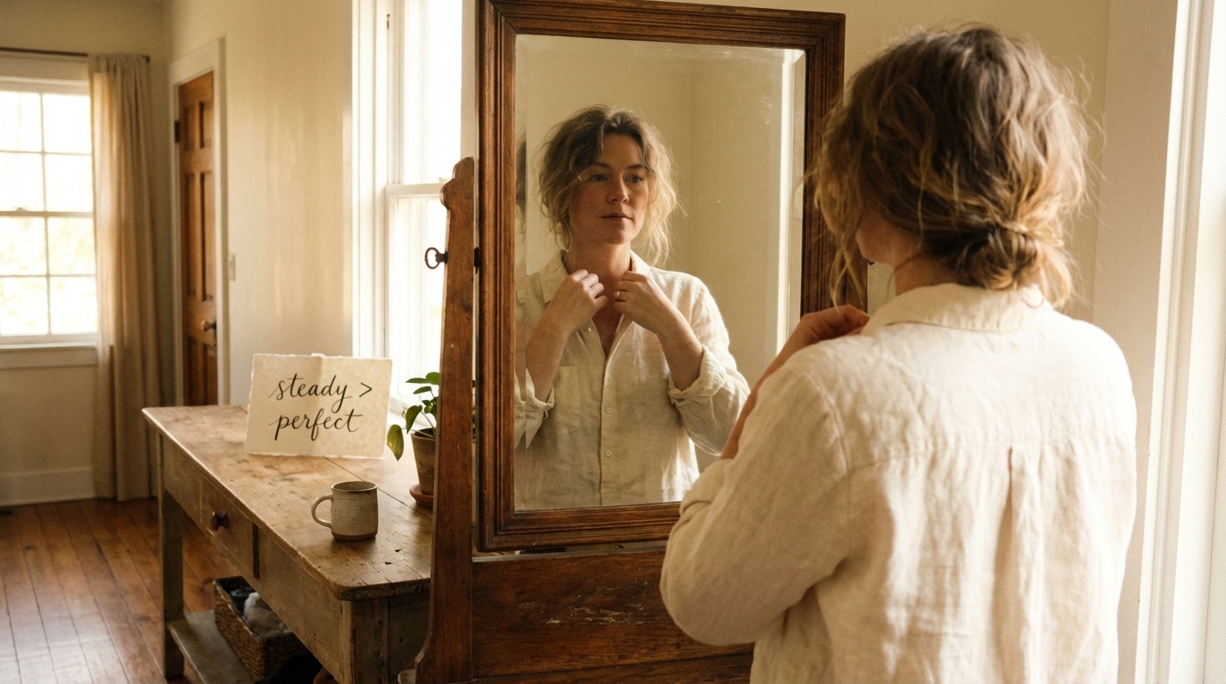 Woman looking calmer in a morning mirror moment