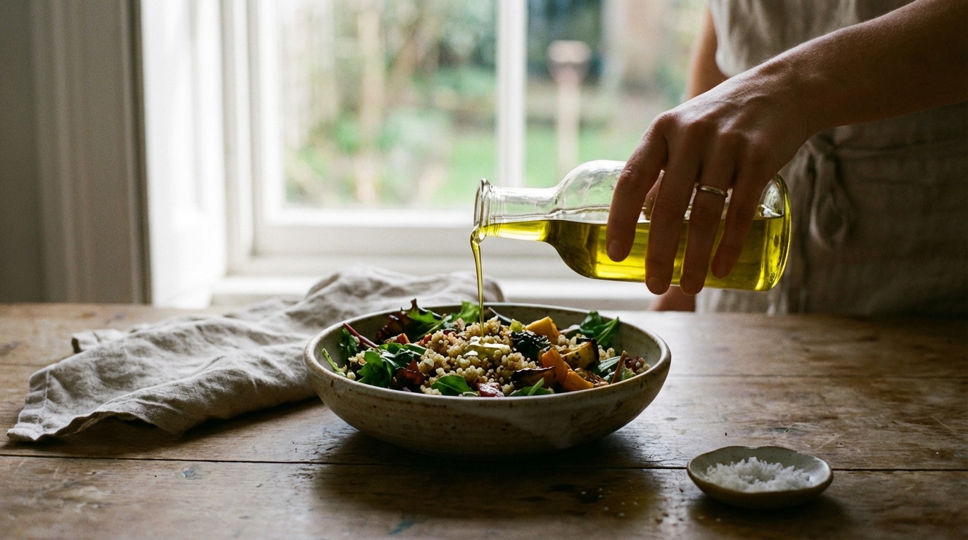 Olive oil drizzled onto a simple lunch bowl in sunlight