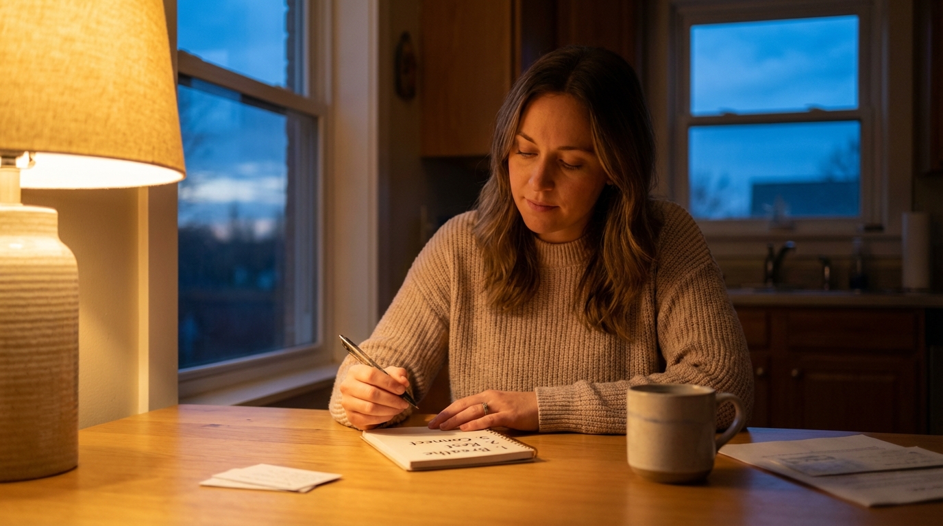 Woman calmly writing a short priority list at night