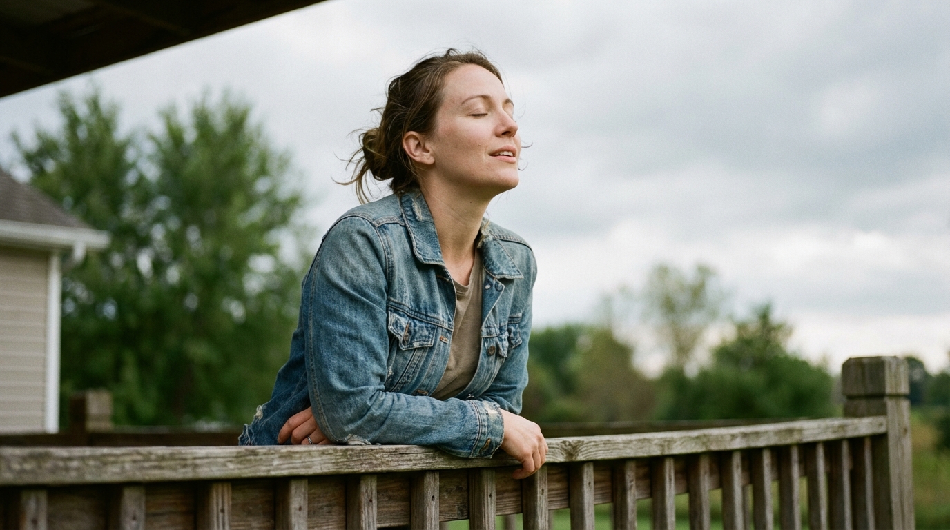Woman taking a slow breath on a porch in natural daylight