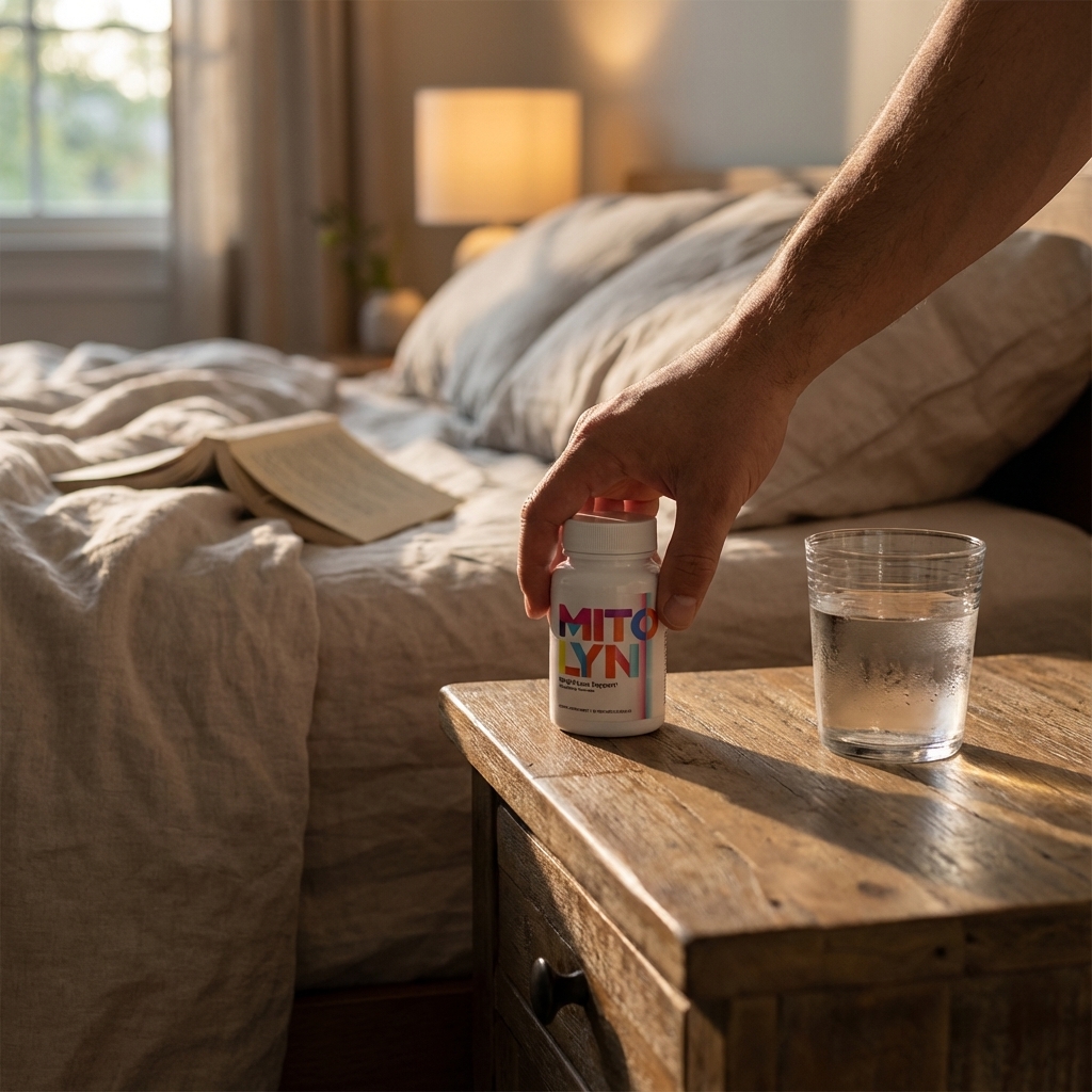 A calm bedside routine with a supplement bottle placed by water in warm evening light