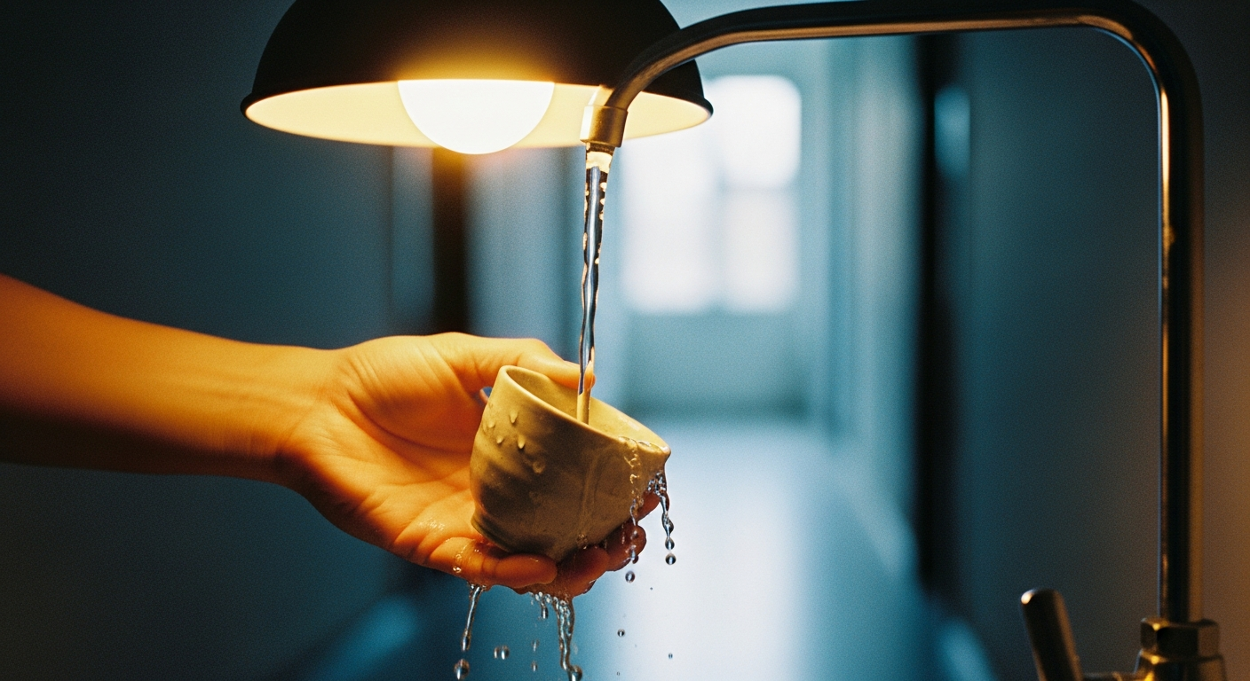 Rinsing a small cup under a warm kitchen lamp