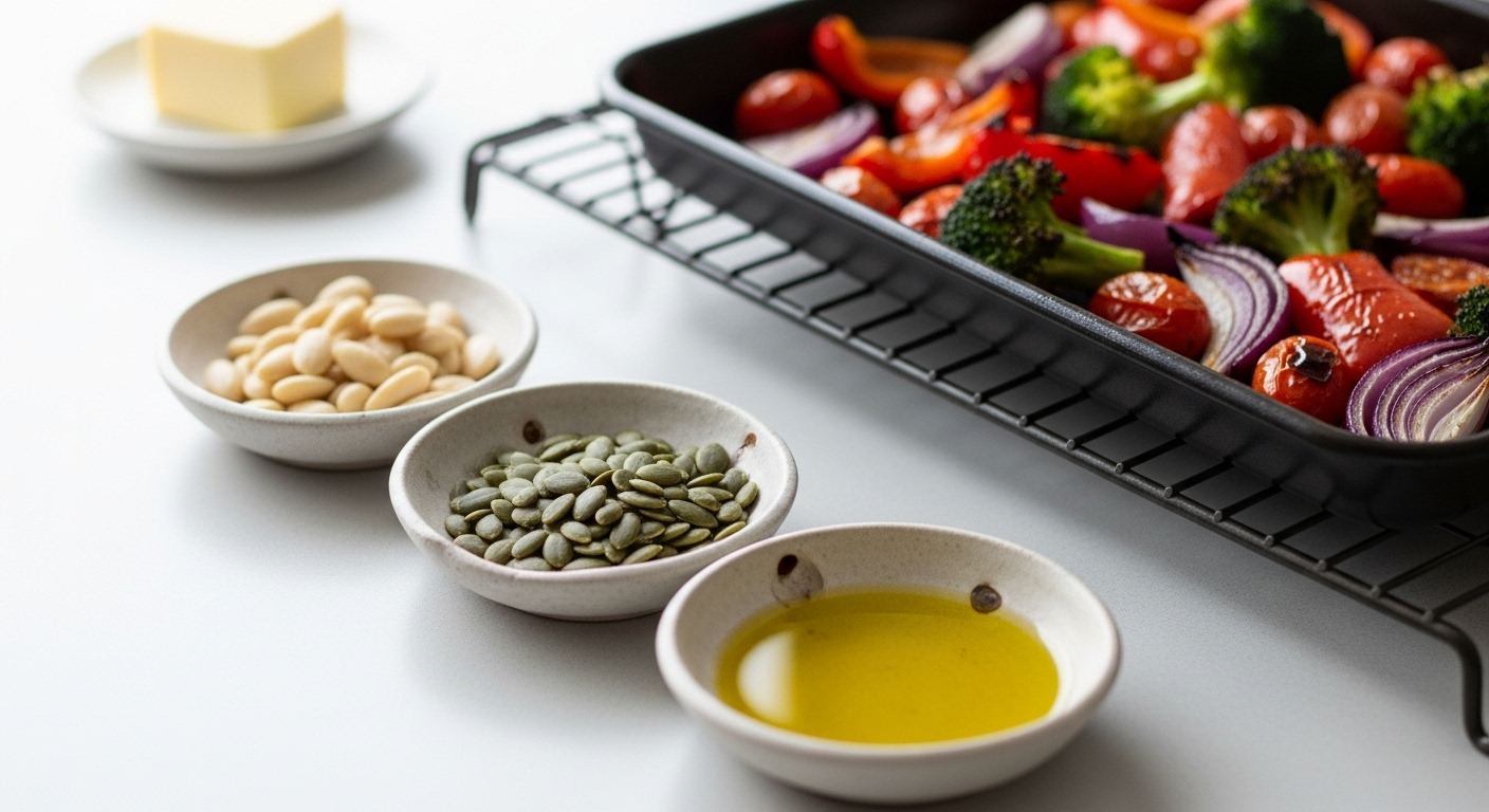 Minimal kitchen shows good fats vs bad fats habits: nuts, seeds, olive oil, veggies; butter as accent.