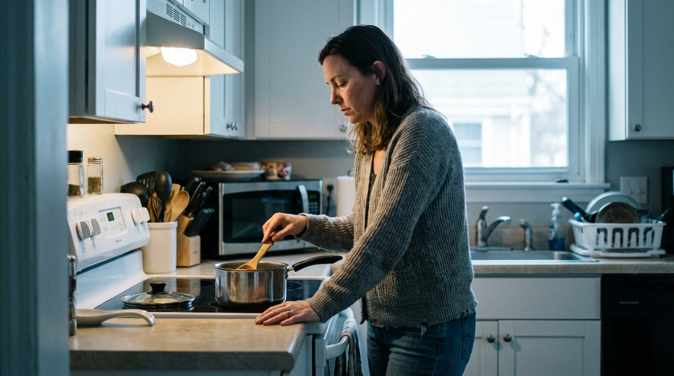 Woman cooking breakfast while exhausted