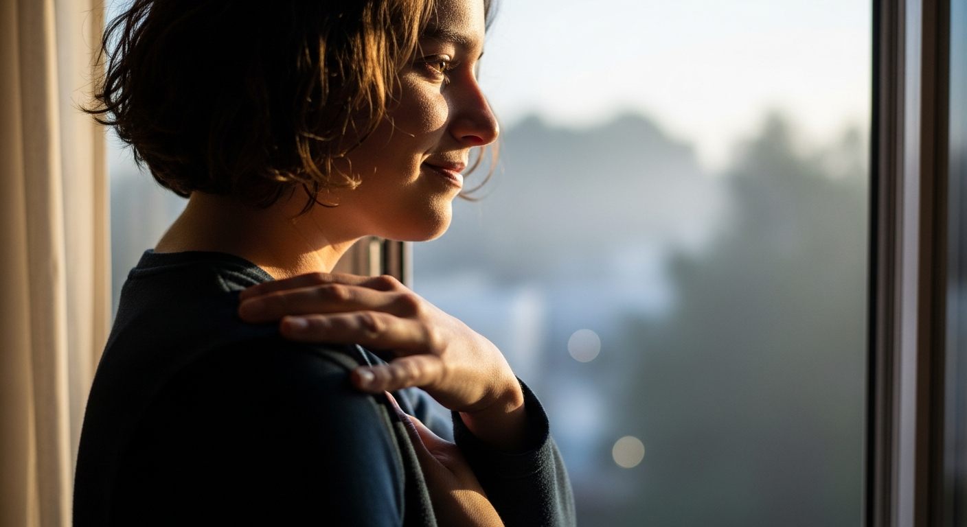 Gentle shoulder roll by a bright window