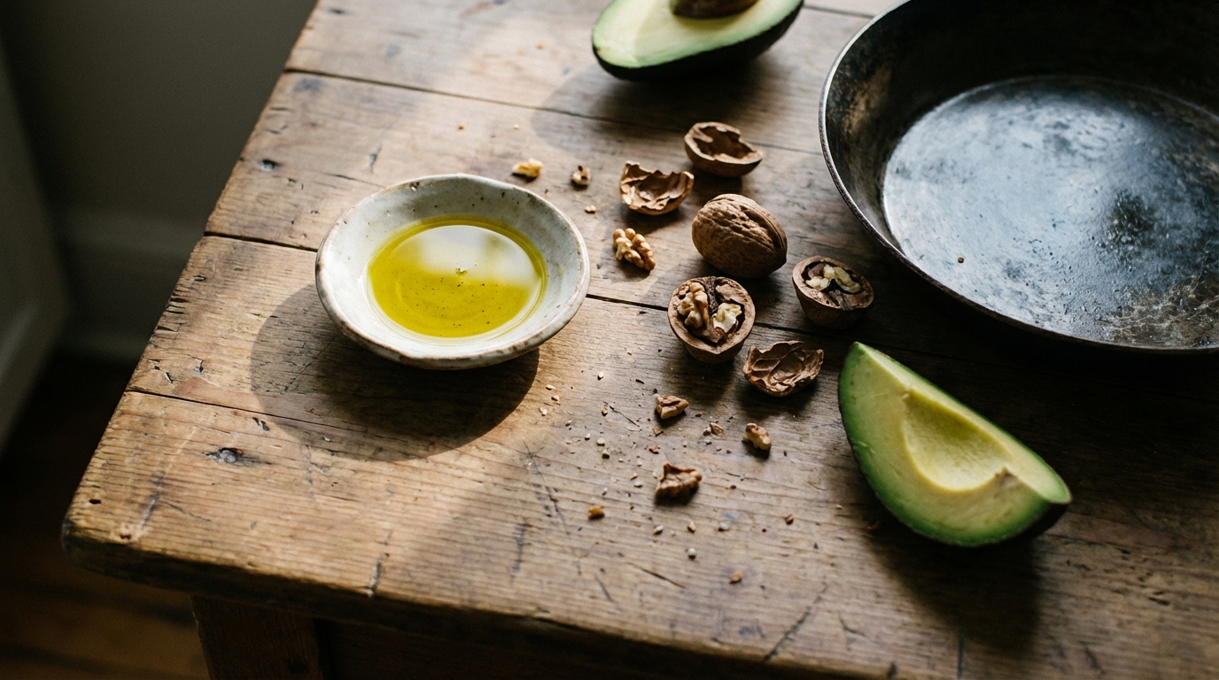 Warm still life of simple fats in natural window light