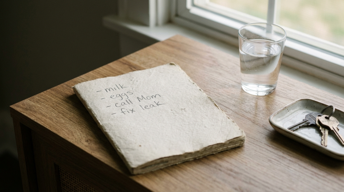 Handwritten routine list beside water and keys in soft daylight