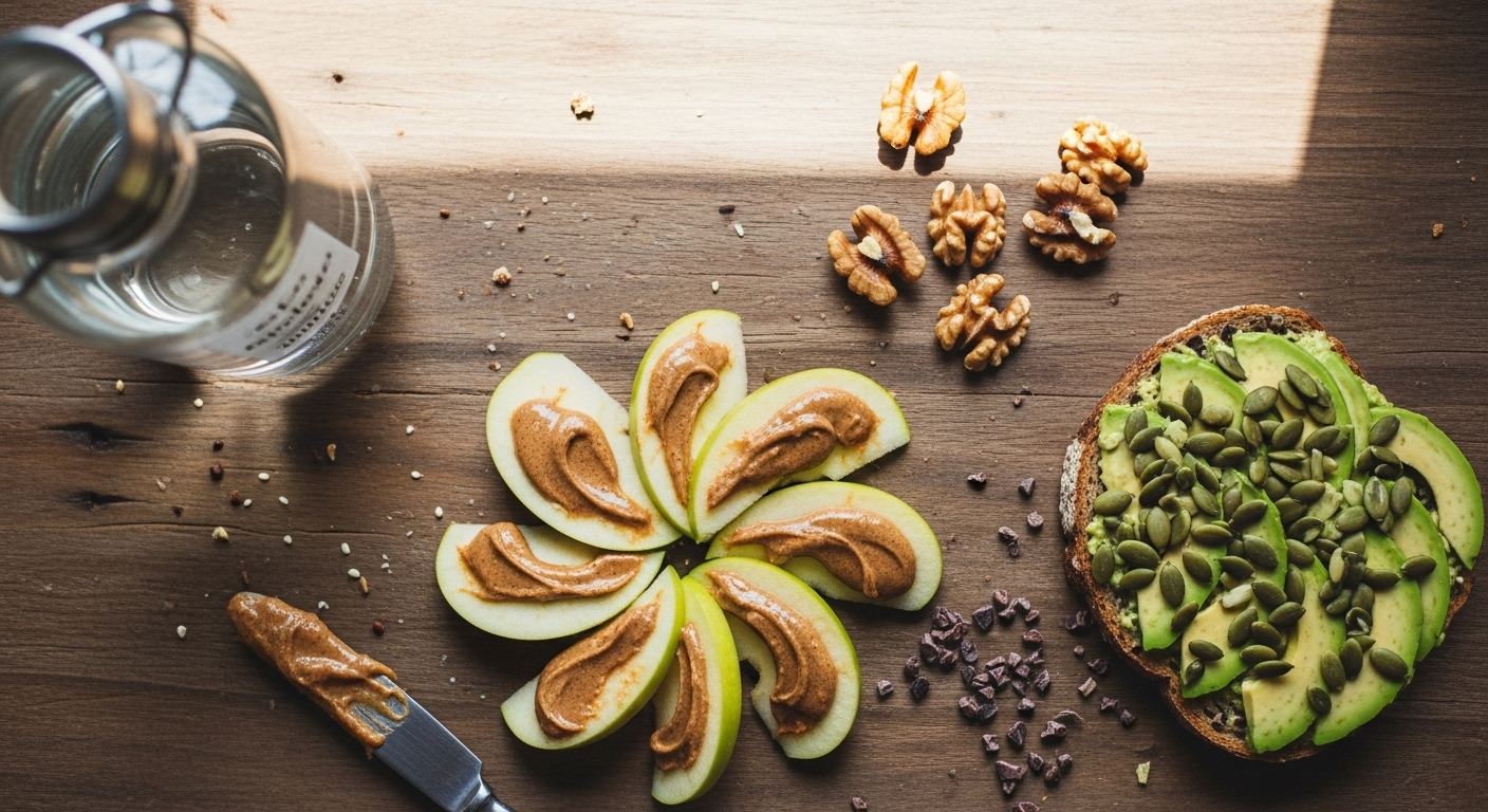 Fiber-and-fat snack options for a diet for brain fog arranged on a wooden table.