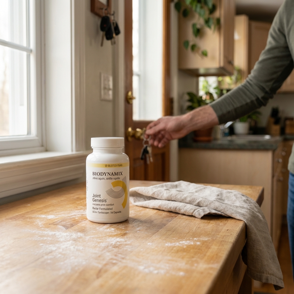 Joint Genesis bottle in morning kitchen light with a hand reaching for keys
