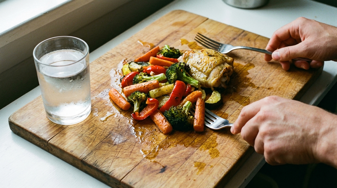 A simple balanced meal on a wooden table in natural window light