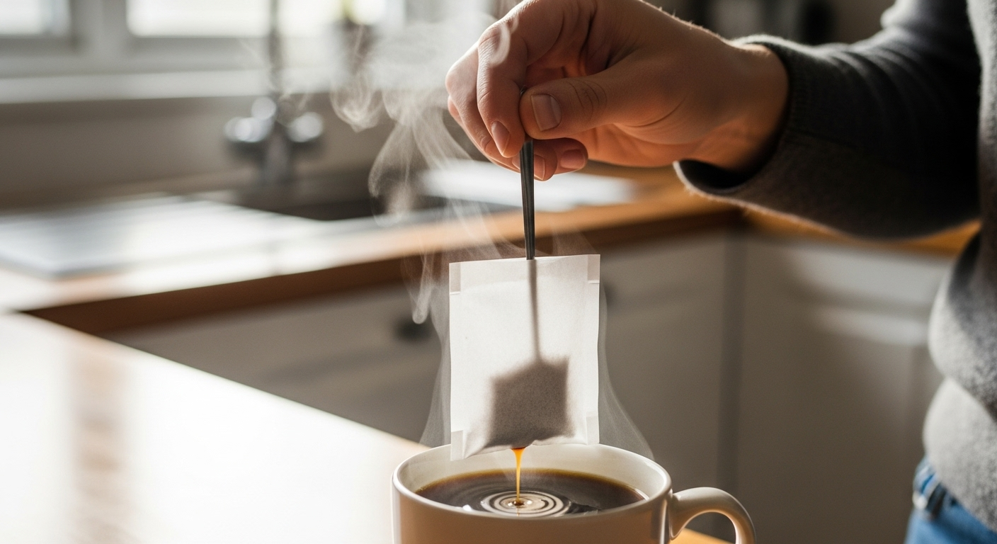Stirring a plain supplement into coffee within a diet for brain fog routine.