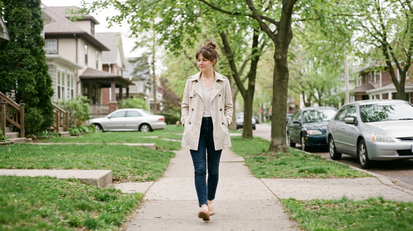 Woman taking a calm walk outside after lunch
