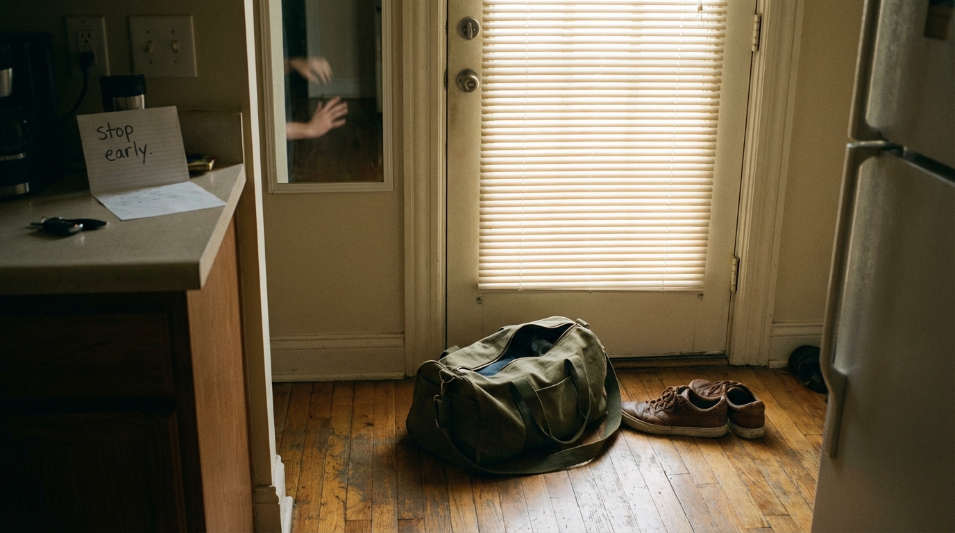 Unused sneakers and a half-zipped gym bag by the door in calm morning light