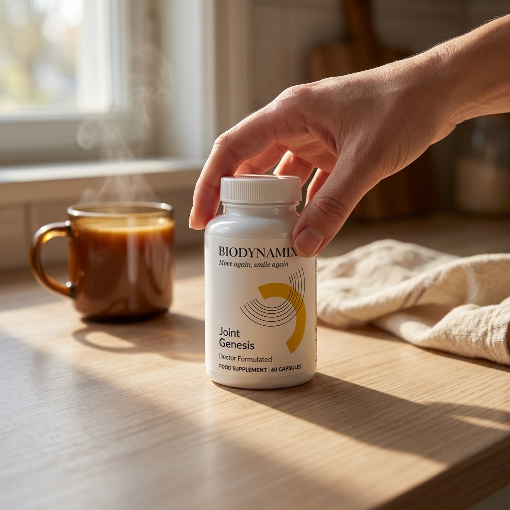 Joint Genesis bottle in sharp focus on a stair step with a blurred foot mid-step behind