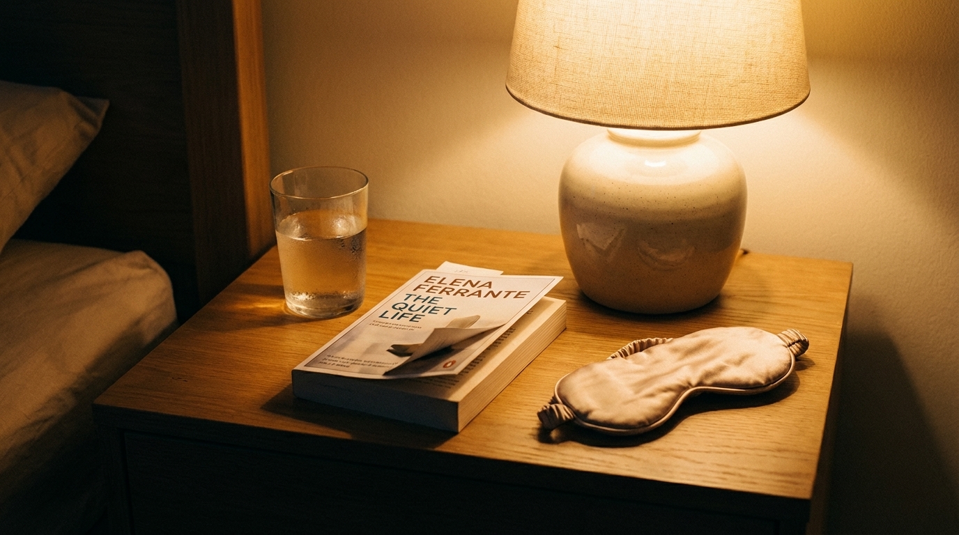 Bedside table with water book and lamp glow