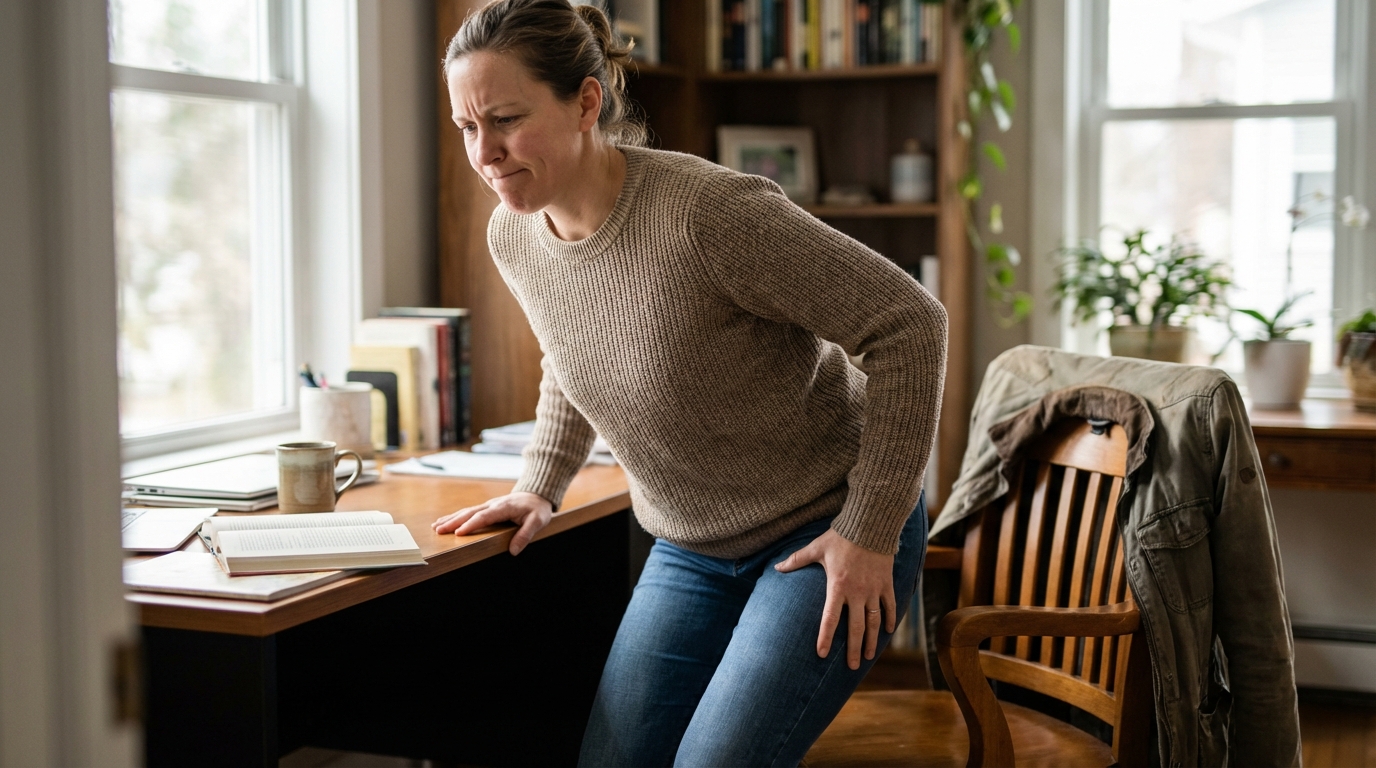 Woman standing from desk chair in soft daylight