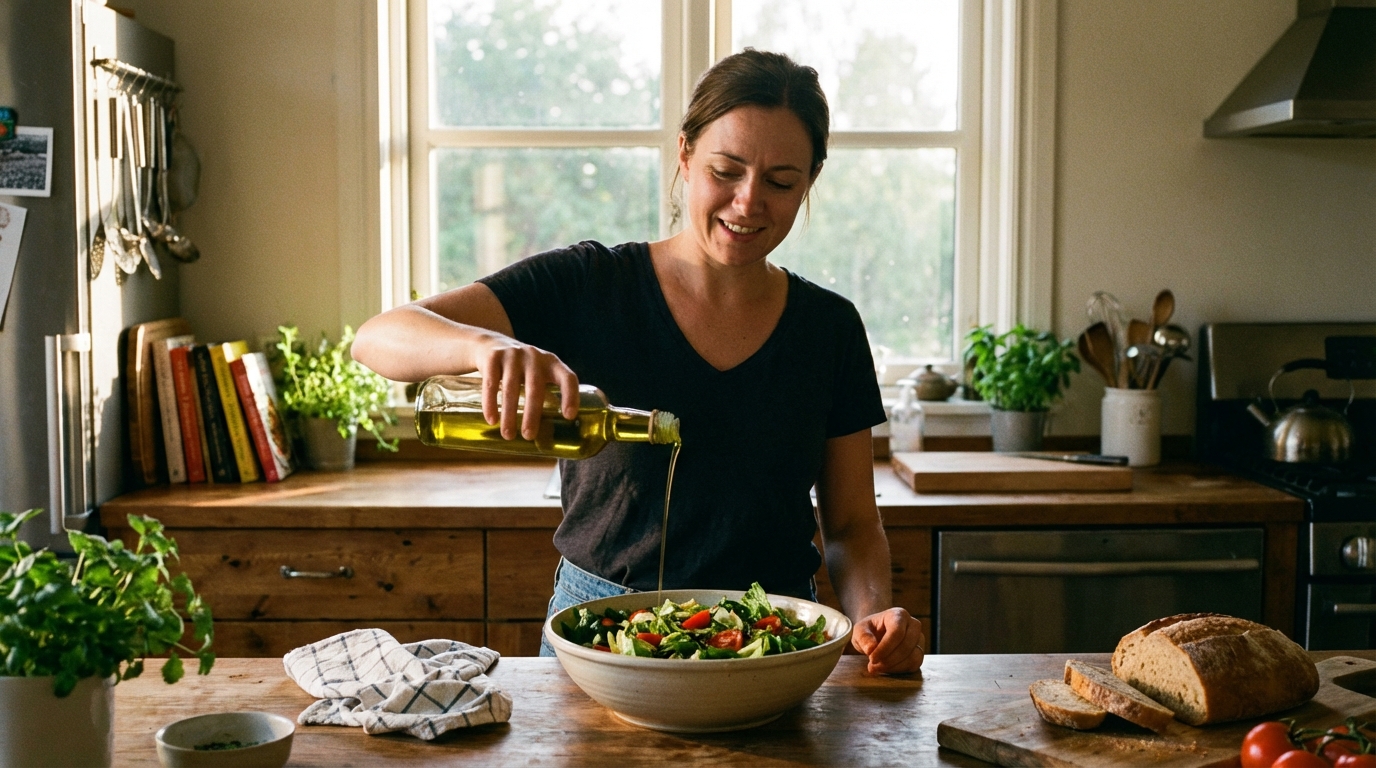 Woman drizzling olive oil onto salad in warm light