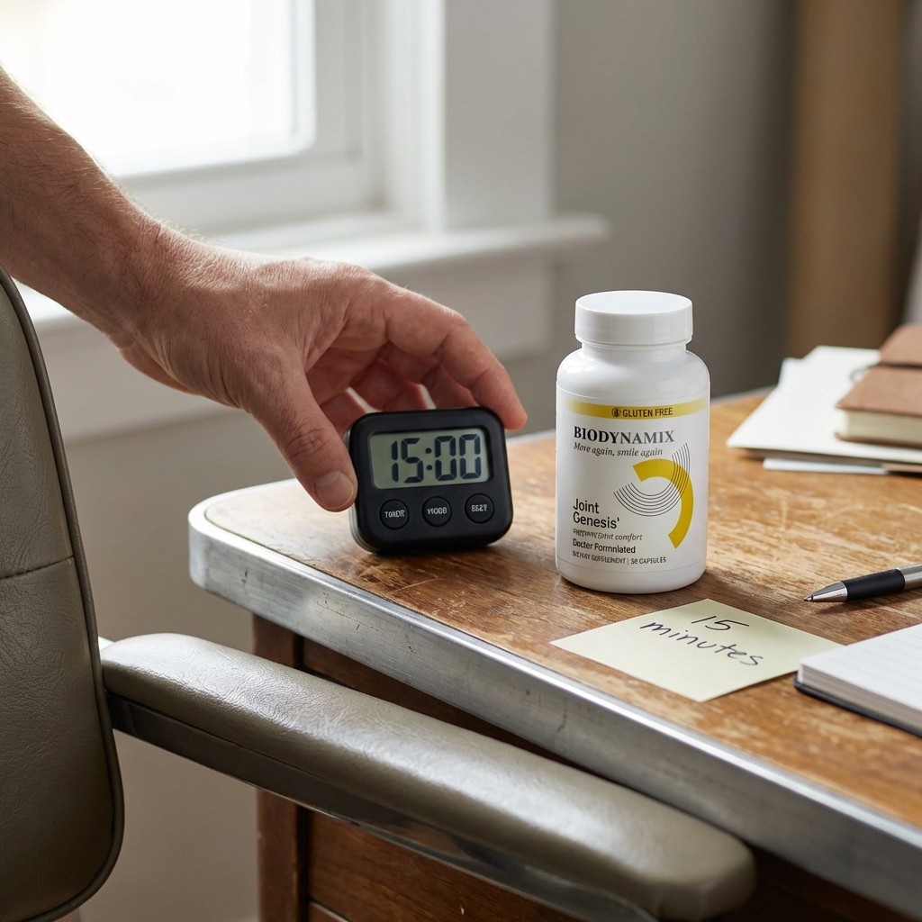Joint Genesis bottle on desk beside a 15 minute timer in natural window light