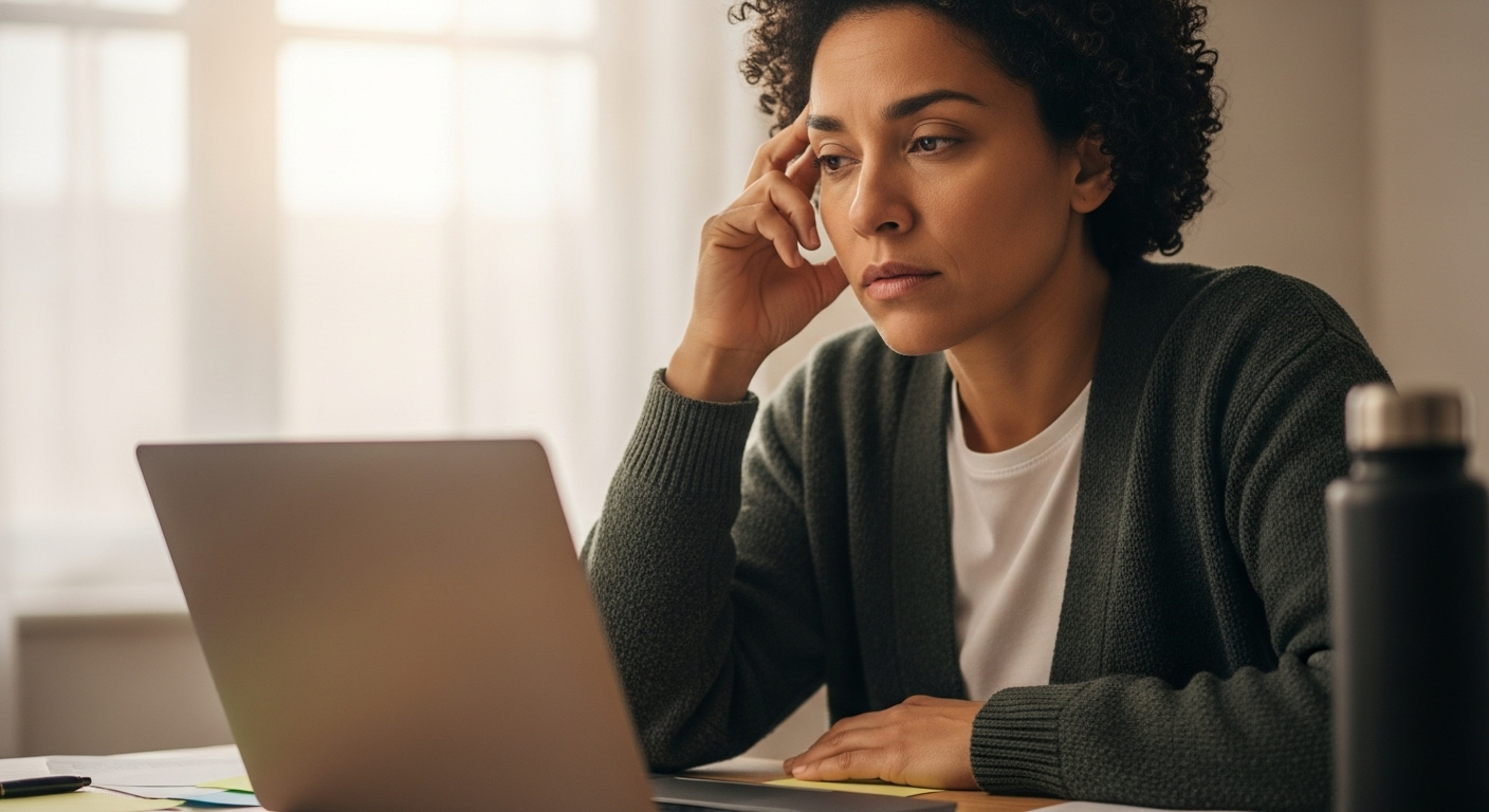 Person staring past laptop with unfocused gaze, conveying diet for brain fog before change.