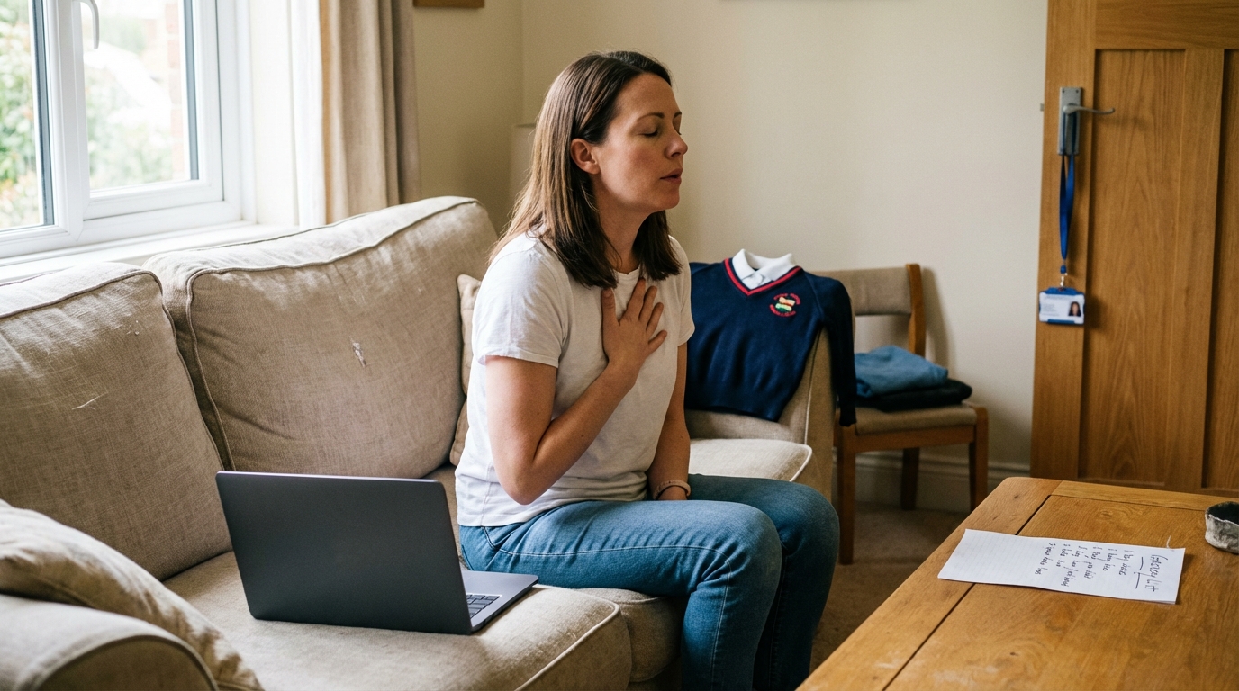 Woman taking a calm breath at home between tasks