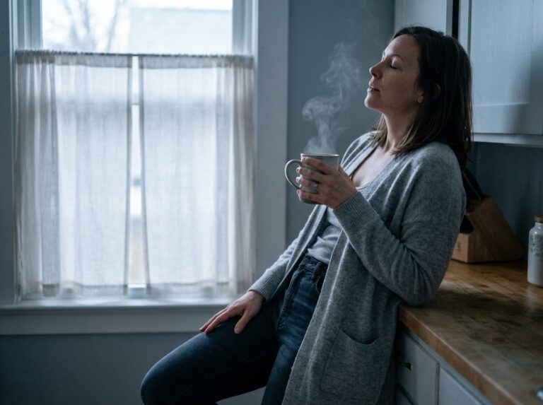 Woman in dawn kitchen light exhaling with a warm mug and a calm posture