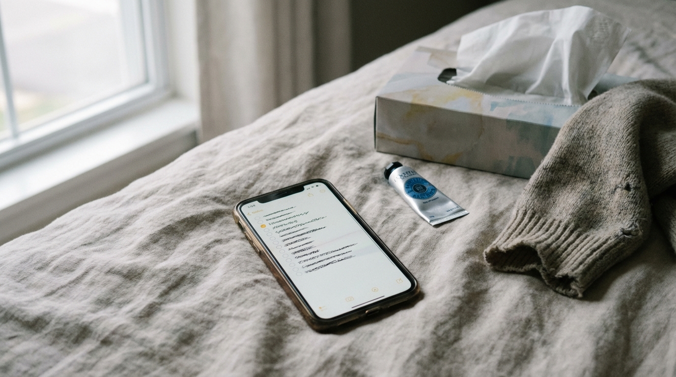 Phone on bed beside tissues and hand cream in soft light
