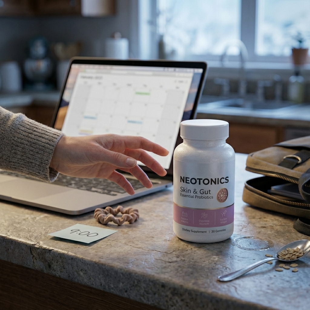 Neotonics gummy bottle in sharp focus beside a busy morning setup