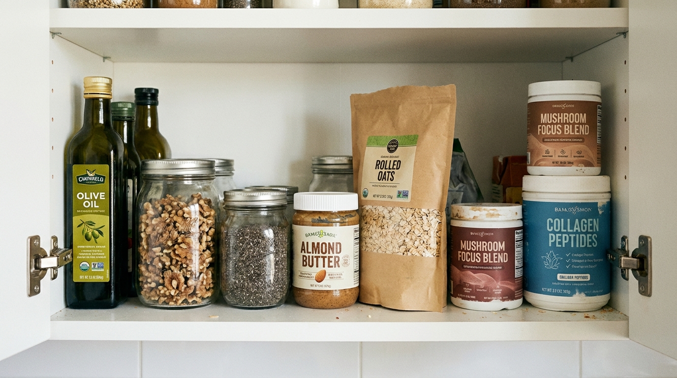 Open pantry with healthy staples in warm light