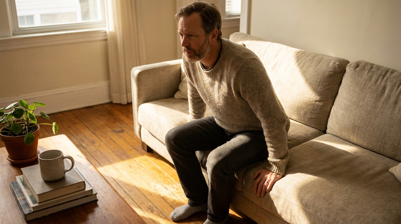 Man standing from couch with a small cautious shift