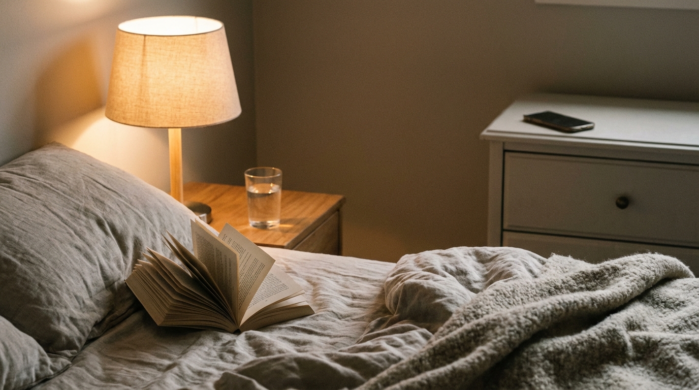 A calm bedtime setup with a book, soft light, and a phone set aside