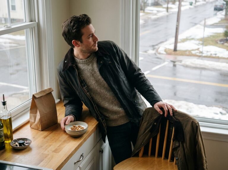 Calm morning kitchen moment showing a steady routine starting in a shifting season