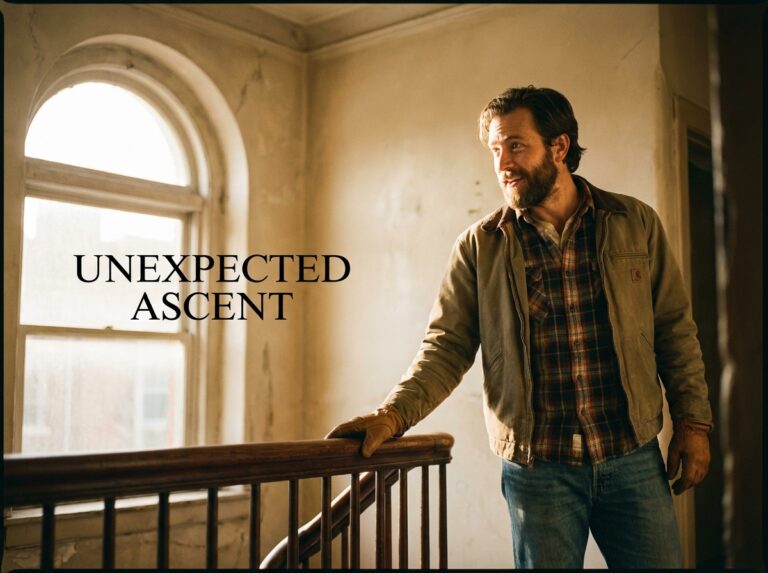 Man on stairs with a calm relieved expression in morning light