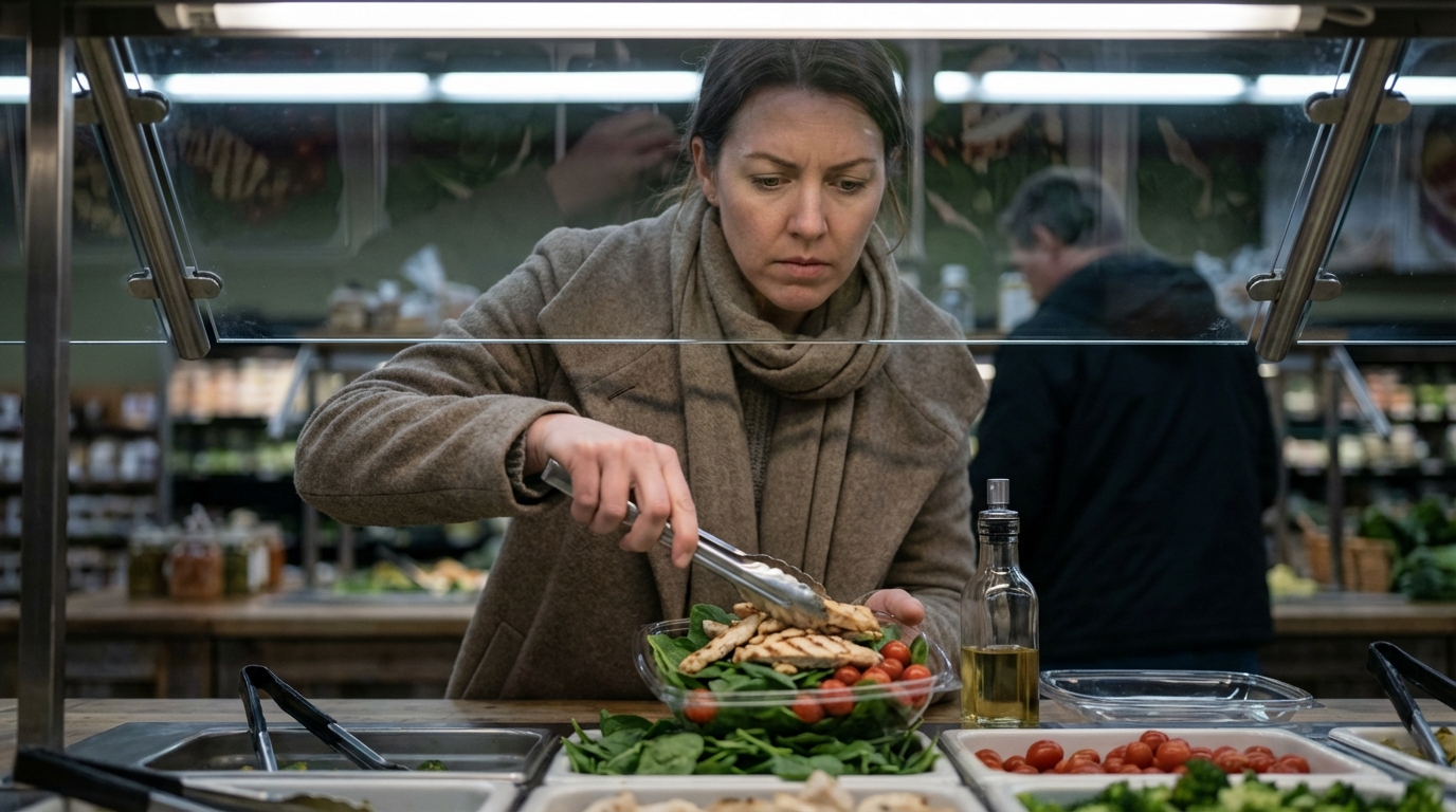 Woman assembling salad at grocery store salad bar