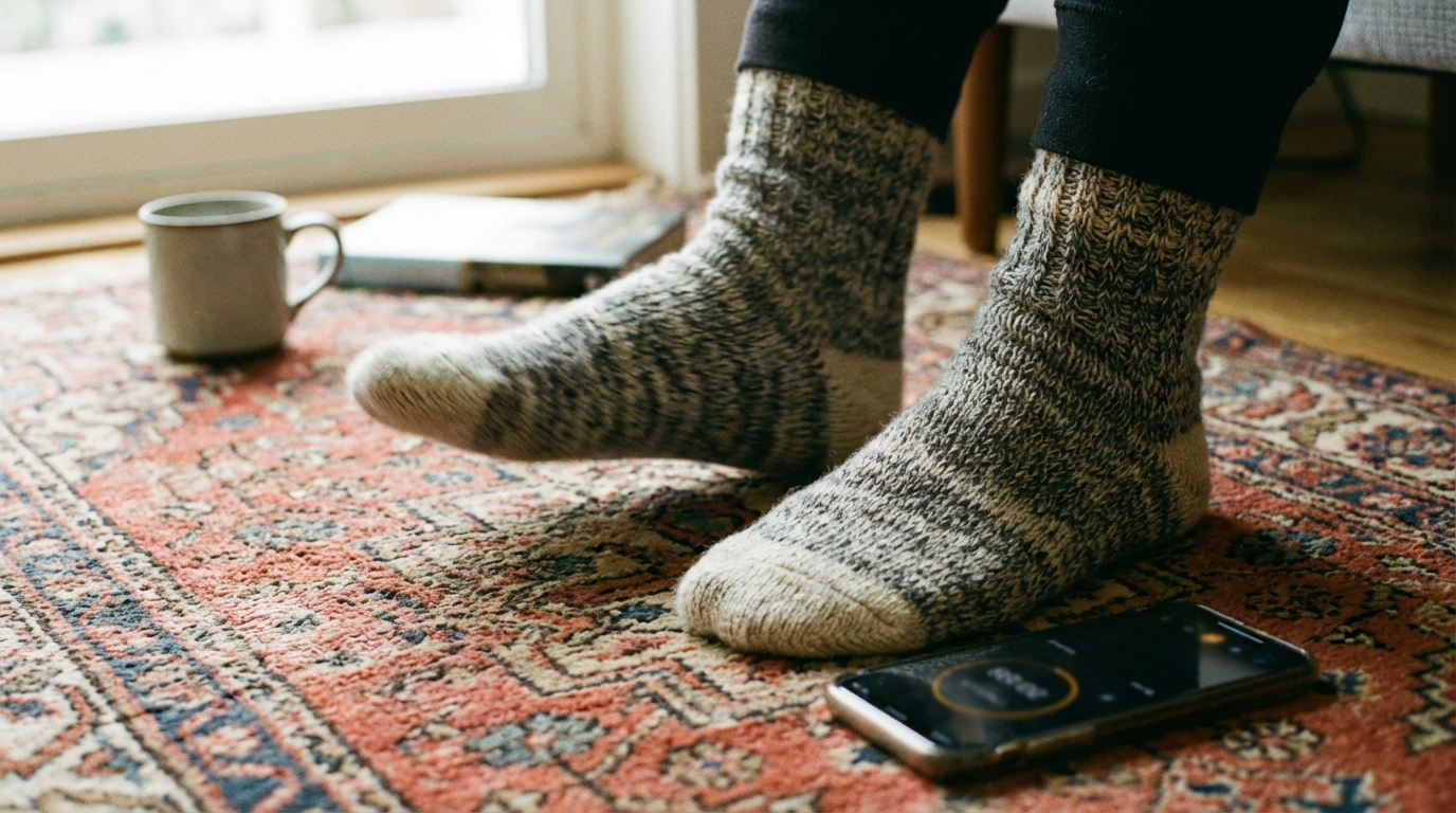 Feet marching gently on a rug with a timer nearby