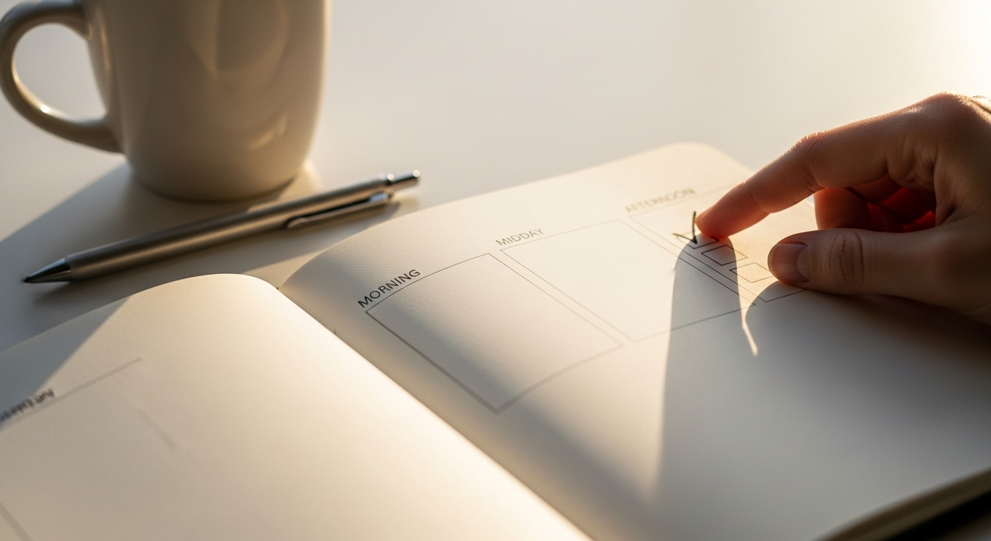 Day planner with sunlit blocks supports a brain-boosting diet routine.