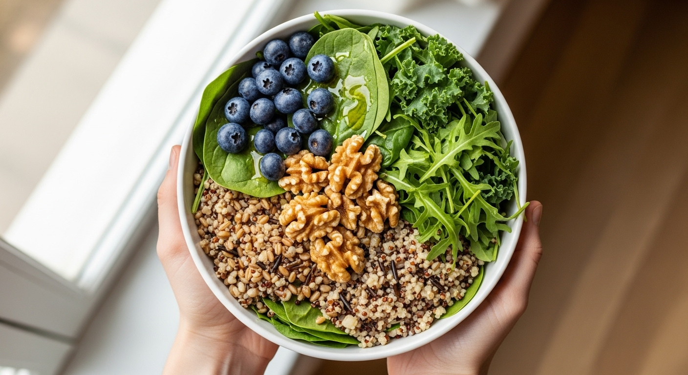 Colorful bowl of plants, nuts, and grains anchors a brain-boosting diet.