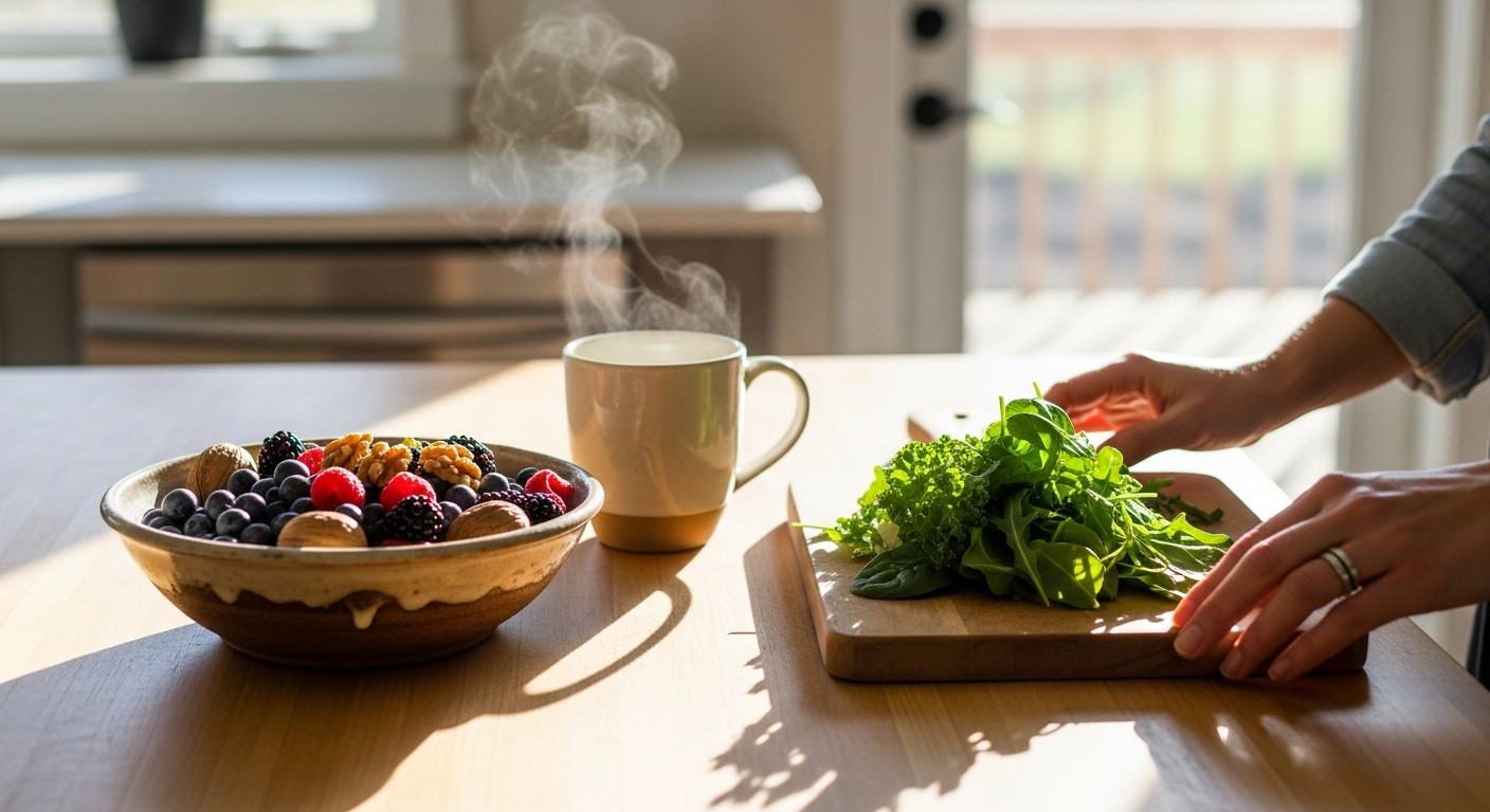 Mug, berries, and greens together illustrate a brain-boosting diet synergy.